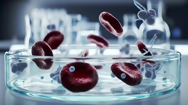 Dynamic Close Up of Red and White Blood Cells in Glass Petri Dish Research Medical Laboratory Science Animation Floating Red Blood Cells Medical Laboratory Analysis Microscopic View