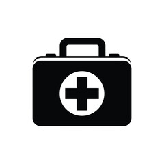 Obraz premium Simple black silhouette of a medical briefcase icon. First aid kit with a plus sign symbol, isolated on a white background for healthcare concepts