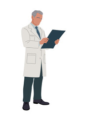 Flat vector illustration of senior male doctor in white medical coat, holding and reading patient chart. Professional healthcare worker, hospital staff, isolated on transparent background