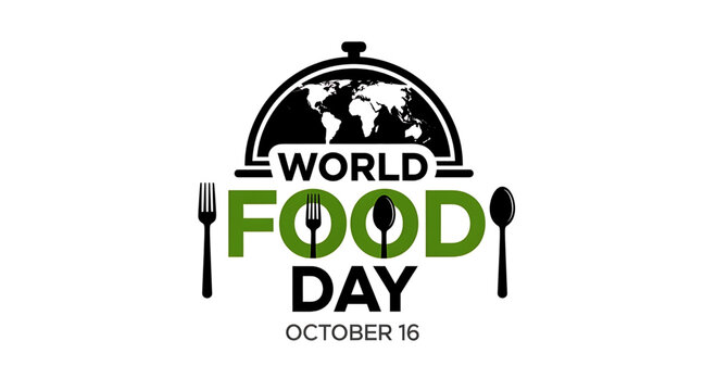 World Food Day Logo Featuring Globe, Utensils, and Text on White