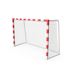 Side view of striped red and white handball goal isolated