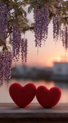 Two plush red hearts sit on a wooden dock, framed by a canopy of wisteria blossoms at sunset, creating a romantic and serene image.