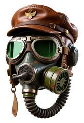 Brown Leather Cap with Eagle Emblem, Green Goggles, and Gas Mask on Transparent Background, 3D Realism Illustration for Branding