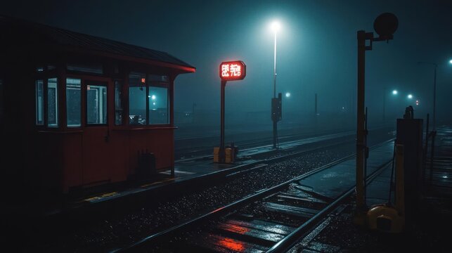 An atmospheric train station engulfed in thick fog during a blue-toned night scene
