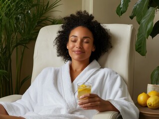 Young African American woman relaxing in living room with beverage