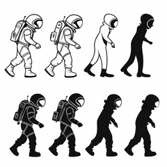 Astronauts walking in line space suit figures