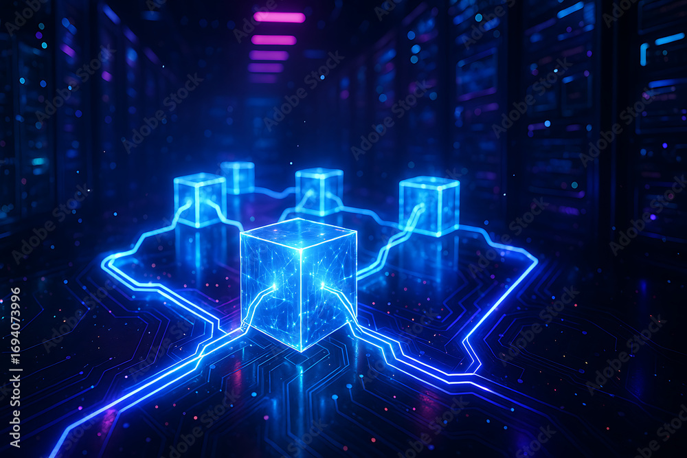 Wall mural futuristic network of glowing blue cubes representing blockchain data processing in an abstract serv