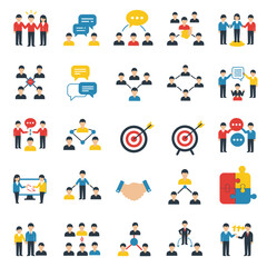 Fototapeta premium Collection of flat design icons depicting various business concepts, including teamwork, communication, collaboration, and leadership.