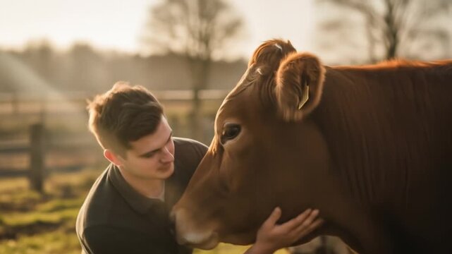 Golden Hour on the Farm: Young Farmer's Gentle Connection with Cow