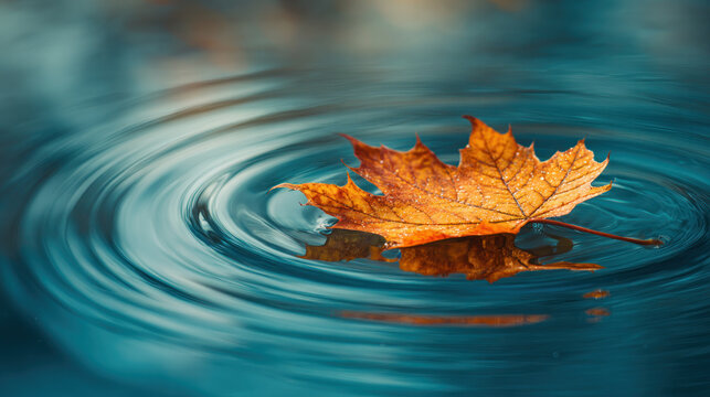 An orange maple leaf floating on the rippling water surface, showing the beauty of autumn nature.