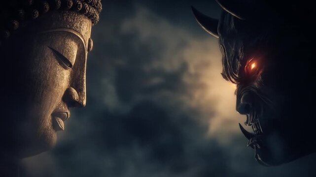 A serene Buddha statue faces a fierce oni demon, illuminated by a dramatic, smoky sky.