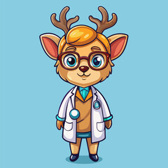Beautiful deer wears doctor coat and smiles kindly in cartoon style