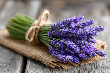 Lavender stems tied in bundle with jute thread