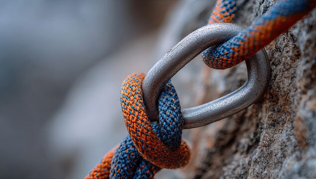 Close-up of climbing rope and metal carabiner