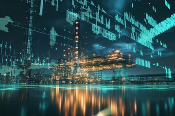 Digital technology meets industrial landscape at night with illuminated refinery