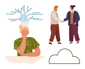 Person reflecting with digital circuit, two individuals shaking hands, and cloud element. Ideal for teamwork, innovation, digitalization, networking, problem-solving, collaboration simple flat