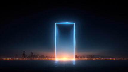 A futuristic glowing portal stands out against a cityscape at night, showcasing advanced digital and sci - fi elements.
