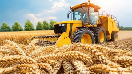 A combine harvester operates in a golden wheat field under bright sunlight, collecting crops during the peak of the harvesting season