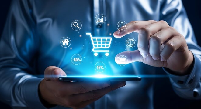 Effortlessly shop online with futuristic mobile interface showcasing sales and global reach