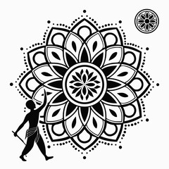 Black silhouette figure reaching towards intricate mandala design