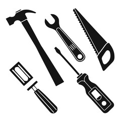 Black silhouettes of hand tools hammer wrench