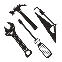 Black silhouettes of construction tools hammer wrench