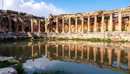 Ancient ruins reflected in a pool
