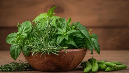 Aromatic Herbs in a Rustic Bowl, a Symphony of Green on Wood Texture, Quiet Still Life.