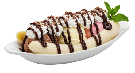 Banana split ice cream, white background isolated