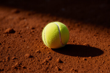 Bright yellow tennis ball resting on a sunlit red clay court.