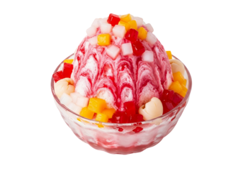 A bowl of strawberry shaved ice with fruit slice, white background isolated