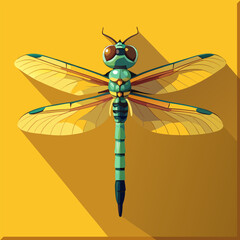 Yellow-bodied dragonfly in cartoon style flies happily with big smile