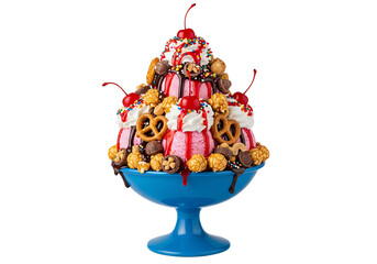 Assorted ice cream with rich toppings, white background isolated