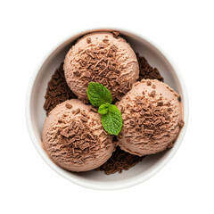 Top view chocolate ice cream with chocolate sprinkles, white background isolated