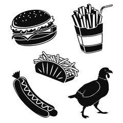 Burger fries taco hotdog bird french fries hot dog