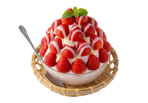 Strawberry shaved ice dessert, white background isolated