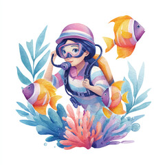 Watercolor scuba diver girl with pink helmet and orange fish illustration