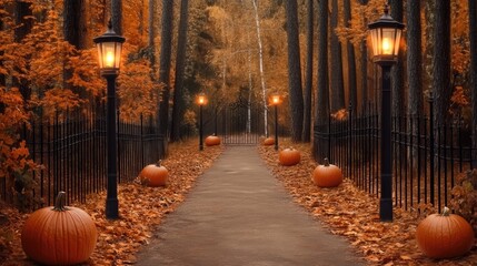 Lanterns illuminate a path lined with pumpkins, guiding the way to an old stone gate surrounded by vibrant autumn foliage