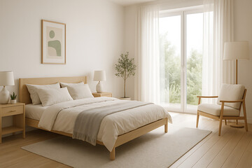 Fototapeta premium Bright and serene bedroom interior with natural light from a large window, featuring wooden furniture in a modern minimalist Japandi style