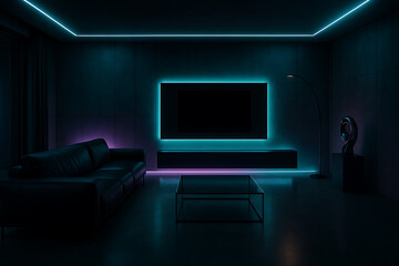 Sleek modern living room interior featuring a dark minimalist design with vibrant blue and purple neon LED lighting for a futuristic ambiance