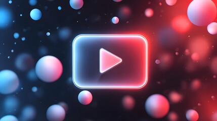 Glowing play button icon with vibrant neon lights and bokeh spheres for digital media and entertainment