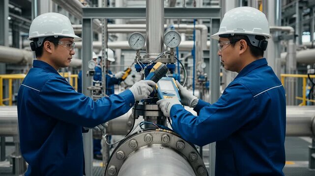 Maintenance crew conducts ultrasonic inspection on reactor piping with handheld devices in safety gear.
