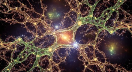 Glowing branching network of organic shapes featuring a bright central nexus and numerous smaller light clusters against a dark star-filled space