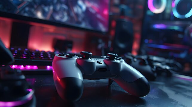 Immersive gaming setup with glowing controller and illuminated keyboard, perfect for esports and online play.