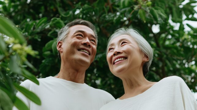 Senior couple smiling at each other under lush green foliage during a sunny day in a tranquil garden setting