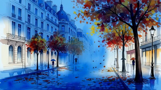 Vibrant autumn leaves dancing on cobblestone streets in Paris during gentle breeze