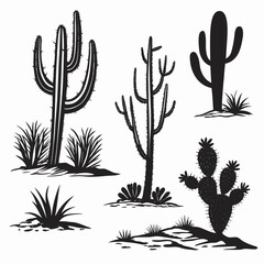 Desert cactus silhouettes with arid plants prickly pear © Md Kazi Rahman
