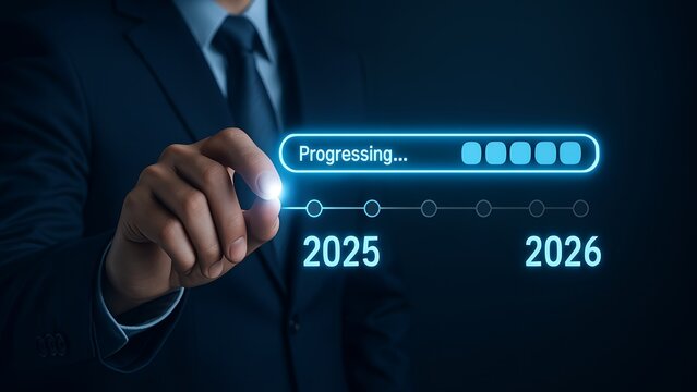 Business Professional Touching Glowing Futuristic Progress Bar Showing 2025–2026 Milestones on Dark Corporate Background