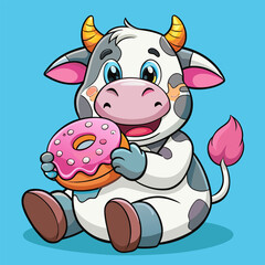 Cartoon cow looks cute while holding and biting a pink donut