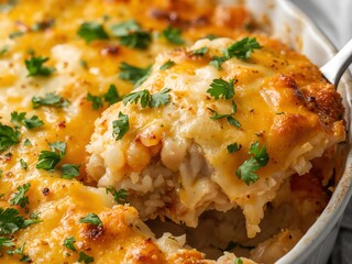 Baked Delight with Greens, Rich Texture, and Golden Topping. A Culinary Composition.